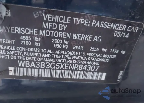 2014 BMW 328I xDrive из США, поврежденный, VIN WBA3B3G5XENR84307